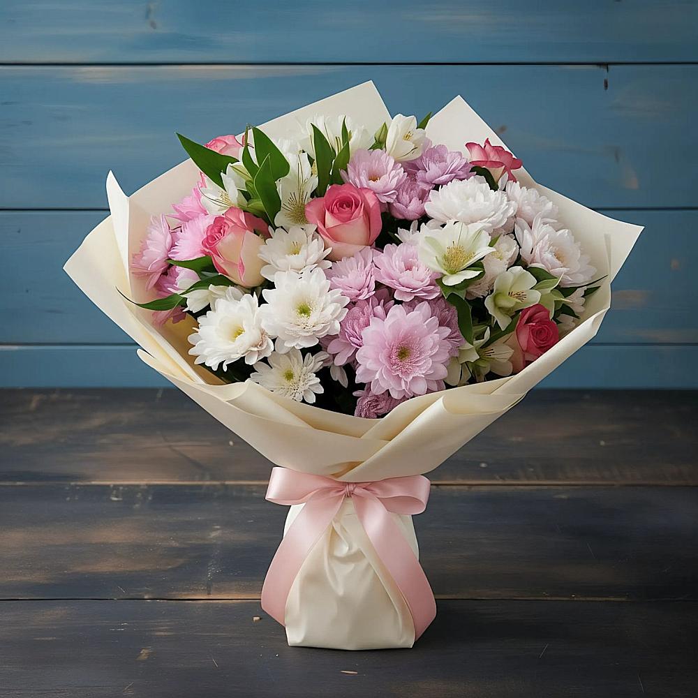 Букет цветов из: Хризантемы, Альстромерии и Розы в Кирове